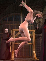 Depraved ministers of the house tied up and suspended from a rope and a naked blonde spank her.