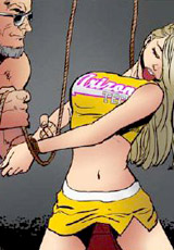 Tied blonde cheerleader forced to sit on huge dildo!