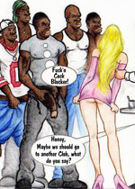 Black cun hungry cartoon blonde slut doesn't mind being gangbanged by black dudes.