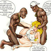 Interracial toon porn pics of nasty blonde with apple booty going wild with two black dudes.