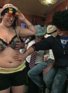 Three horny fat girls in fancy hats and glasses give three guys a hot fucking time
