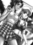 Lusty cartoon wife showing her boobs and spreading her legs on the bed.