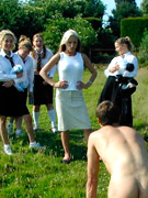 In naked male clothed female three girls wank a poor guy's cock. tags: cock wanking, girls messing around, girls rubbing dick