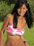 Karla looks cute in the pink she slowly strips off