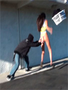 Super cute blindfolded bound babe gets her ass fisted and fucked in public.