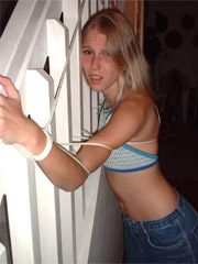 Blindfolded and bondaged blonde having her first hard fuck orgy party.