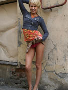 Watch cute chick in jeans skirt with white panties peeping