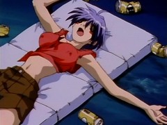 Hanged manga chick with perfect boobs gets her shaved pussy licked and fucked while in bondage.