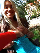 Awesome blonde hottie slowly undressing on the public and being pounded from behind.